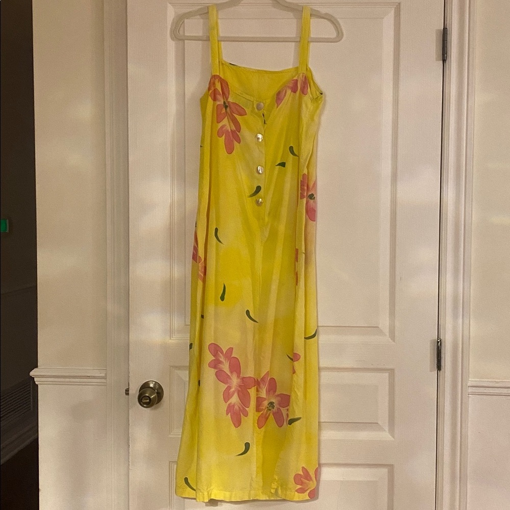 April Cornell Sunny Yellow Strap floral Dress with side split Size Large - Picture 3 of 10